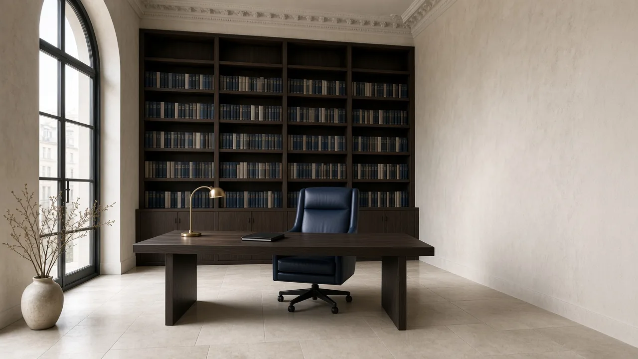 Arbeitszimmer der Kanzlei: Bibliothek aus dunkler Eiche, Schreibtisch, blauer Lederstuhl, hohes Rundbogenfenster